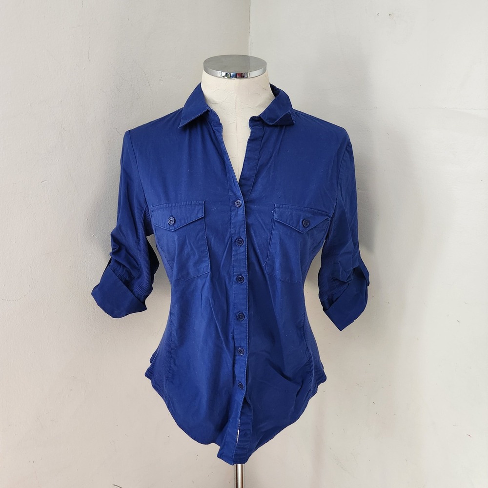 Hester & Orchard Womens Royal Blue Button Down Shirt Ribbed Side Panels Small